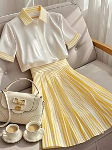 SHEIN PETITE 2件套短袖条纹Polo衫和高腰裙 - 黃色 - 查看 1