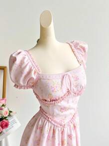 SHEIN VCAY Vestido de verano elegante de manga corta con cuello cuadrado, volantes y estampado floral