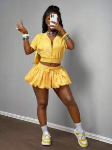 Slaydiva 2025 Summer New Style Birthday Party Back To School Season Student Wear Daily Street Basic Versatile Leisure Vacation Cruise Travel Beach Seaside Sunbathing Popular Baseball Collar Short Sleeve Fitted Cardigan Top And Mini Flower Bud Mini Skirt Snow Washed Effect Pants Skirt Yellow Zipper Summer Suit Women's Two-Piece Suit - Yellow - View 7