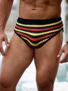 Manfinity Swimmode Men's Holiday Beach Contrast Striped Triangle Swim Trunks  Crochet For Men Men Crochet Shorts Swimwear For Men Hawaiian - Black - View 3
