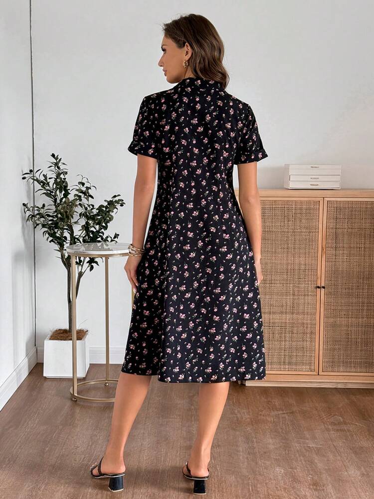 Women's Ditsy Floral Short Sleeve Single Breasted Long Casual Dress, For Summer Holiday