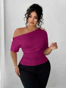 Rometta Plus Size Women Elegant Personalized Versatile Fashion Casual Commuting Cold-Shoulder Top - Hot Pink - View 6