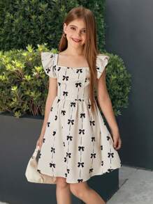 SHEIN Tween Girls Backless Bowknot Cap Sleeve Cinched Waist Casual Dress, Fashionable For Daily Wear And Outings Girls Bow Dress - White - View 2