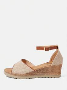 Styleloop Women's Platform Espadrille Rope Wedge Sandals, Linen Fabric, Thick Sole, Buckle Strap, Fashion Roman Style For Summer - Apricot - View 2