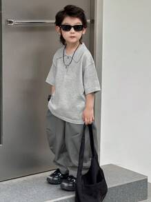 Dazy Kids Kids Fall 2-Piece Outfit - Collared Short Sleeve Thin Sweater & Pants Set, Summer - Grey - View 3