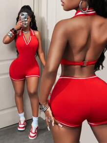 BamGleam 女士性感露背吊带连体裤 - 紅色 - 查看 1