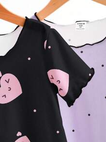 Set de 2 piezas de pijamas con Camisón largo de manga corta y cuello redondo, con diseño cómodo de lunares y corazones, para niñas jóvenes