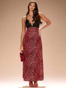 Glamine Rochie cu decolteu în V adânc din dantelă și imprimeu leopard, fără spate, vară - Multicolor - Vizualizare 6