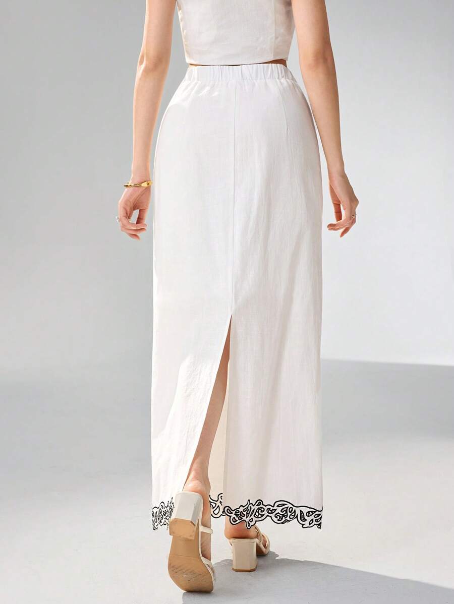 Heiryn Women High Waist Floral Embroidery Hem Long Straight Elegant Skirt