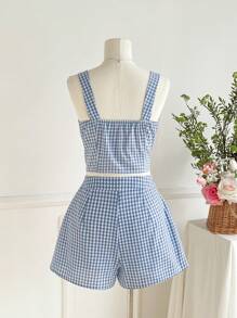 SHEIN Clasi 女士优雅吊带背心，收腰，不对称下摆，正面纽扣装饰上衣和格子松紧腰短裤 2 件套，适合夏季