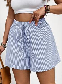 SHEIN VCAY Plus Size Elastic Waist Striped Casual Shorts - Blue - View 3