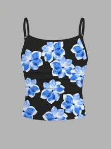 SHEIN Leap Crew 3 件套 Tween Girls 可爱兰花和百合花，清新蓝色扎染热带花卉度假风格花朵，Tween Girls 修身休闲吊带背心 3 件套，海滩复古风格休闲度假可爱 Y2K 椰子女孩波西米亚音乐节，适合夏季 - 彩色 - 查看 5