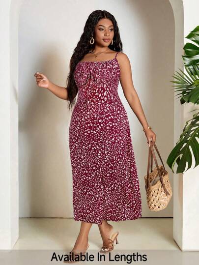 SHEIN PETITE CURVE Plus Size Women's Vacation Ditsy Floral Ruffle Strap Dress