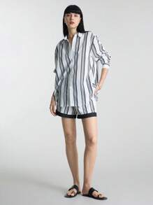 Ontre 2025 年夏季女装，拼色条纹，都市时尚夏季休闲衬衫和短裤套装，适合独立日、圣约翰节、通勤、办公室、茶会、日常穿着 - 黑與白 - 查看 6