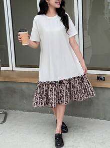 SHEIN Teen Girls Casual Patchwork Geometric Pattern Knitted Short Sleeve Crew Neck Mini Dress, Spring/Summer - White - View 1