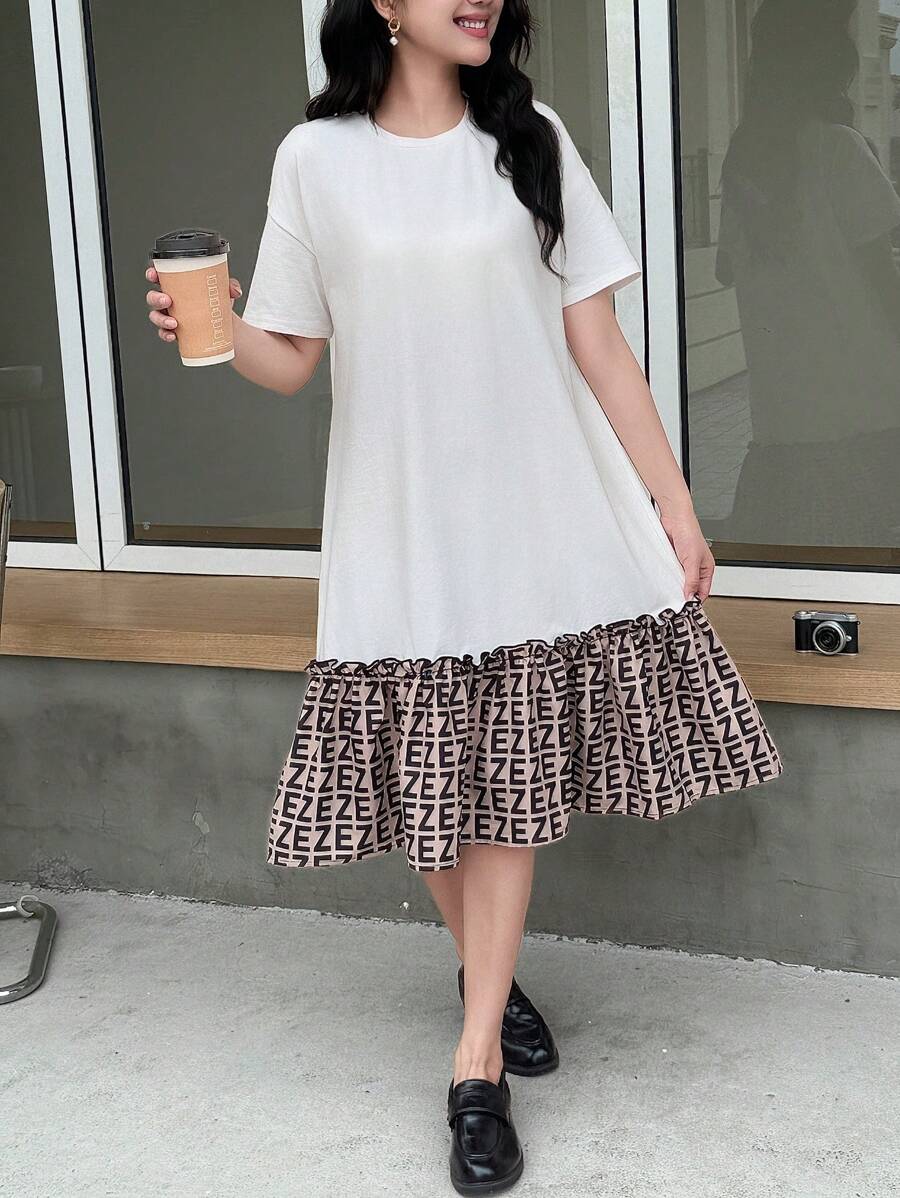 SHEIN Teen Girls Casual Patchwork Geometric Pattern Knitted Short Sleeve Crew Neck Mini Dress, Spring/Summer - White - View 1