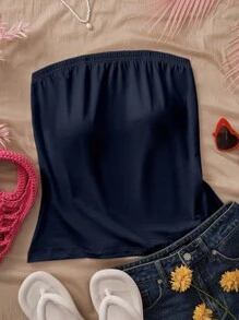 INAWLY Plus Size Women's Solid Color Summer Casual Strapless Sleeveless Top