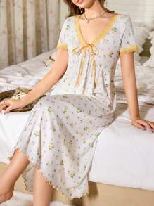 CottageSlumber 女式 V 领短袖睡袍，带有碎花、色块、蕾丝和蝴蝶结设计夏季睡袍花卉睡袍睡裙女式睡袍丰盛的花卉光彩