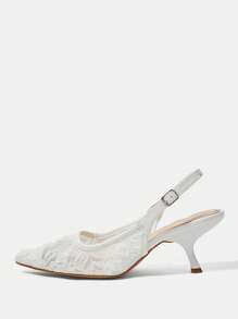 CUCCOO HITCHD Damen Spitze bestickte Spitzschuh Kitten Heel elegante romantische weiße Spitze Mesh Pumps mit mittlerem Absatz, Festschuhe für Braut, Brautjungfer, Party, Hochzeit