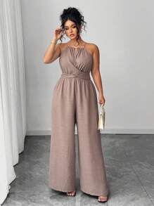 Elenzga 大码女式休闲卡其色褶皱面料肩带交叉领口串珠腰部纽扣和蝴蝶结设计喇叭形连体裤，适合春夏季、学校、毕业典礼、情人节、音乐节、母亲节、万圣节、感恩节、复活节、国庆节、联欢晚会、约会、派对、婚礼、户外旅行 - 卡其色 - 查看 5