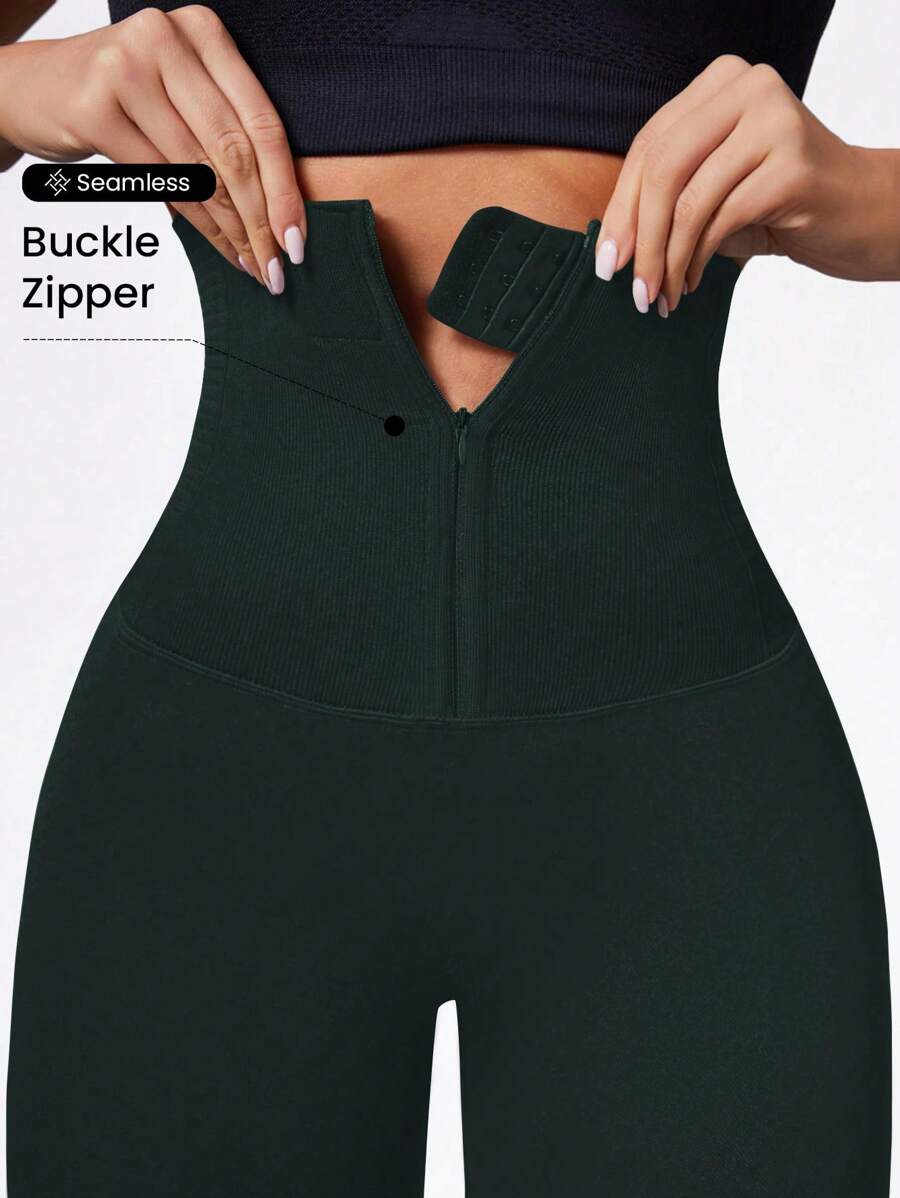 Easithlete Seamless Zipper Adjustable Sports Yoga Leggings - Dark Green - View 1