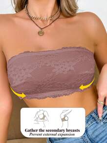 1pc Women's Lace Bandeau Bra, Wireless - Brown - View 4