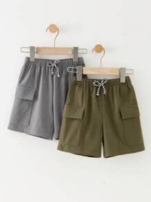 2 Piezas Niño Pantalones cortos cargo sueltos de malla tejida de color simple y versátil, Compre uno y llévese otro gratis, Adecuado para la temporada de primavera y verano - Multicolor - Ver 4
