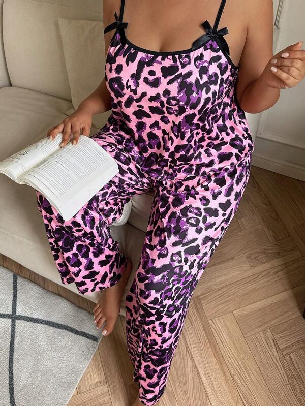 Set pijama cu imprimeu leopard și fundă, mărime plus, model camisol și pantaloni