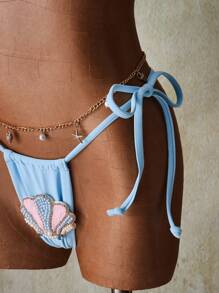 SHEIN ICON Ensemble de maillot de bain bikini deux pièces sexy avec décoration de coquillage et lien licou pour femmes, tenue pour le 4 juillet - Bleu azur - Voir 9