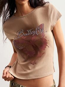 Bohemela Vacation Casual Solid-Color Knit Round Neck Short Sleeve Slim Cropped Women T-Shirt - Khaki - View 6