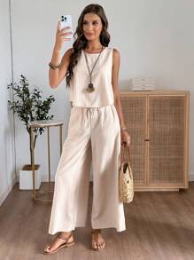 EMERY ROSE Women Solid Color Round Neck Short Sleeve Top And Flower Print Wide Leg Pants Set For Summer Two Pieces Outfits - Khaki - View 5