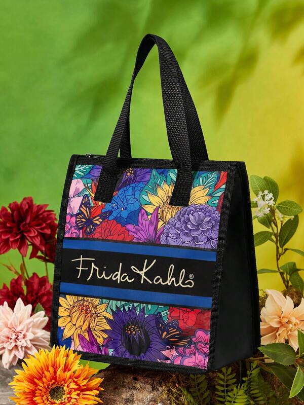 Frida Kahlo X SHEIN Bolsa térmica para el almuerzo con diseño floral de artista, mantiene la comida caliente o fría, bolsa de picnic, gran capacidad, puede contener cajas de almuerzo y bebidas, adecuada para picnics, camping, viajes, uso doméstico, adecuada para familias, niños y estudiantes, flores, artístico, elegante