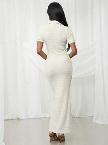 NYA SZN Elegant Off-White Summer Tea Party Maxi Dress,Short Sleeve Collared Textured Fitted Gown For Wedding Guest,Graduation,Bridal Dinner & Special Occasion - White - View 2