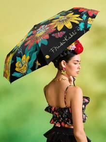 Frida Kahlo X SHEIN 1 pieza Paraguas con estampado floral de artista, con recubrimiento adhesivo negro antisolarde talla grande de 50 de protección UV, apto para la escuela, el trabajo, salir y uso diario, diseñado para estudiantes universitarios, estudiantes de secundaria y mujeres, floral, artístico, elegante