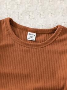 SHEIN Vintaside Kids Bộ 2 món cho bé gái: Áo thun cổ tròn tay ngắn và quần in họa tiết, quần áo trẻ em, thích hợp cho tiệc tùng, kỳ nghỉ, trang phục mùa hè cho bé gái. - màu nâu - Xem 4