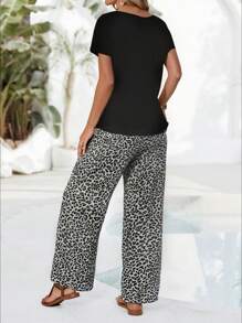 EMERY ROSE 2pcs/Set Women Casual Solid Color Shirt And Leopard Print Pants Suit For Vacation - Multicolor - View 2