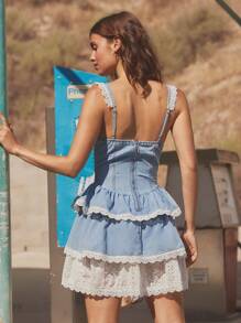 WESTFADE Đầm denim mini xếp nếp nhiều tầng cổ tim hở vai họa tiết hoa bằng cotton pha trộn Mix Media, không tay, kiểu corset, trang phục hòa nhạc đồng quê mùa hè, kỳ nghỉ bãi biển - Rửa nhẹ - Xem 3