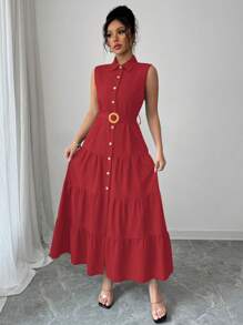 Women's Single-Breasted Sleeveless Shirt Dress With Ruffled Hem In Solid Color - Red - View 5