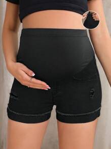 SHEIN Adjustable Waist Hole Decorated Casual Denim Maternity Shorts - Black - View 1