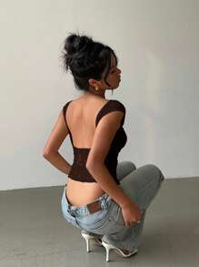 Aloruh Lace Patchwork Short Sleeve Sexy Back Cutout T-Shirt - Brown - View 3