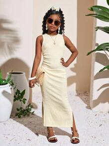 SHEIN Tween Girls' Sleeveless Midi Knit Dress, Elegant For Vacation, Commute & Street Fashion, Apricot Girls Midi Dress Girls Sleeveless Dress Girls Casual Dress Kids Midi Dress - Apricot - View 3