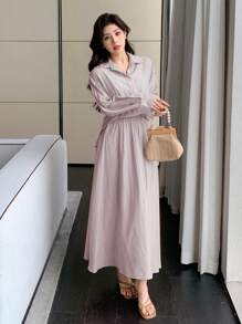 DAZY 女士两件套：纯色落肩长袖上衣和半身裙，休闲秋季服装 - 淡紫色 - 查看 3