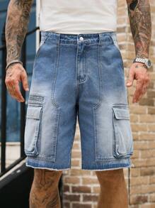 Manfinity LEGND 男士休闲水洗工装牛仔短裤男士短裤 - 藍色 - 查看 6