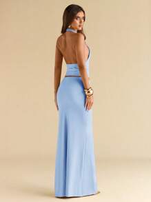 SHEIN BAE Women's Metal Decor Coffee Brown Fish Tail Fitted Knit Set With Halter - Baby Blue - View 2