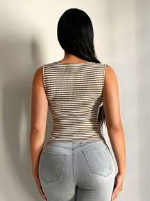 SHEIN SXY Women's Summer Casual Crochet Square Neck Striped Tank Top, Button Down Top, Striped Top, Fitted Top, Summer Tops - Multicolor - View 2