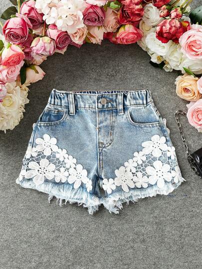 Young Girl Blue Denim Shorts With Lace Flower Trim,Spring And Summer Casual Vacation Country