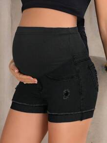 SHEIN Adjustable Waist Hole Decorated Casual Denim Maternity Shorts - Black - View 3