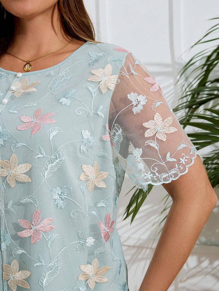 Plus Size Women Floral Embroidered Mesh Round Neck Short Sleeve Fashion Blouse, Tunic Top,Summer,Going Out Tops Women,Summers For Women,Country Concert,Vacation Tops,Bohemian Clothes,Countrys Women,Teachers For Women,Business Casual Women,Fall Women Clothes