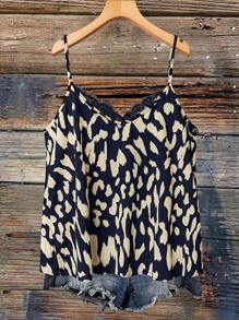 SHEIN VCAY Plus Size Fashion Leopard Print Lace Trim Camisole, Summer - Navy Blue - View 2