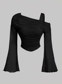 Girlism 少女黑色/露肩网眼二合一/喇叭袖长袖上衣 西部复古/优雅